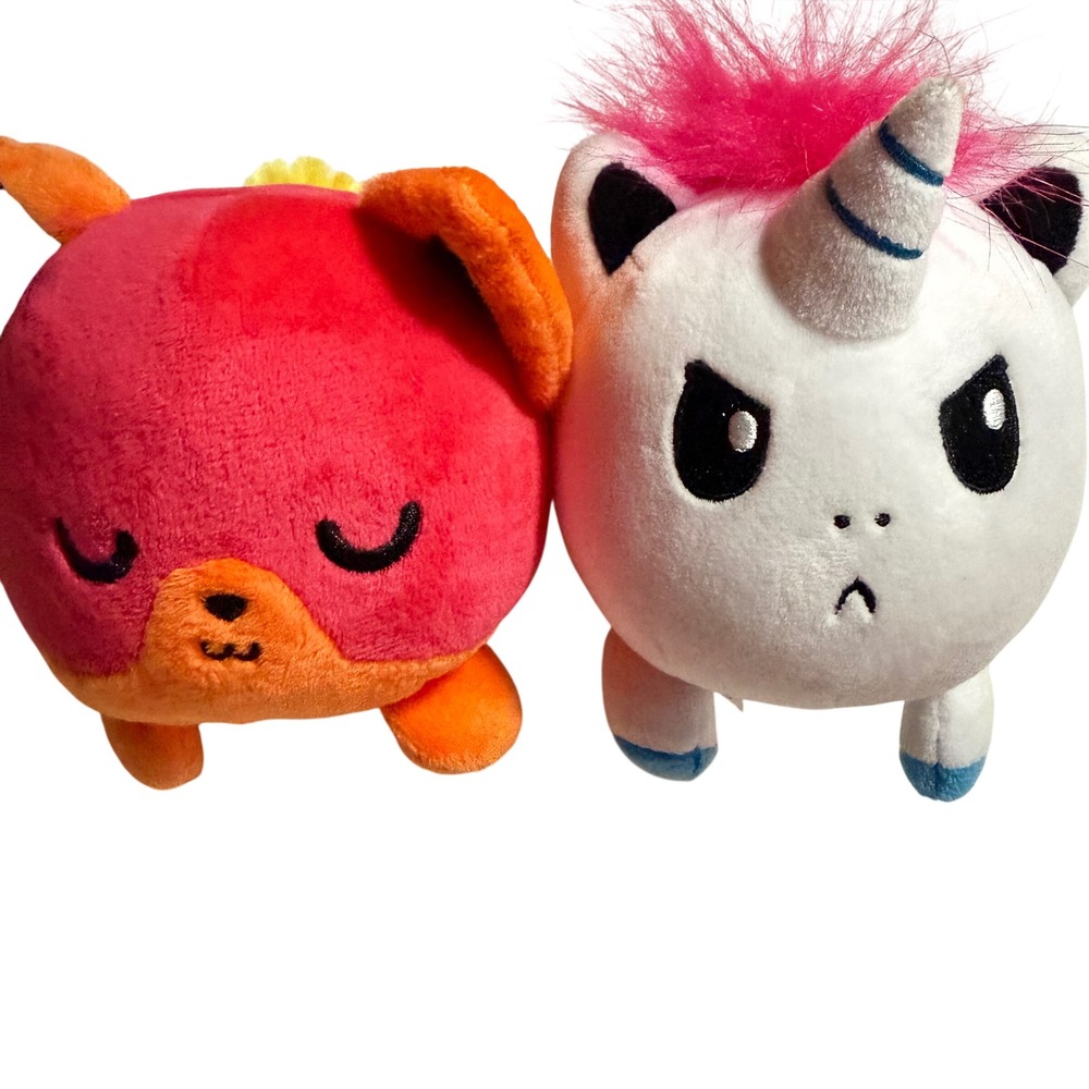 2 TeeTurtle Plushies Angry Unicorn Red Fire Fox Kitsune Chibi Kawaii Cute Toy
